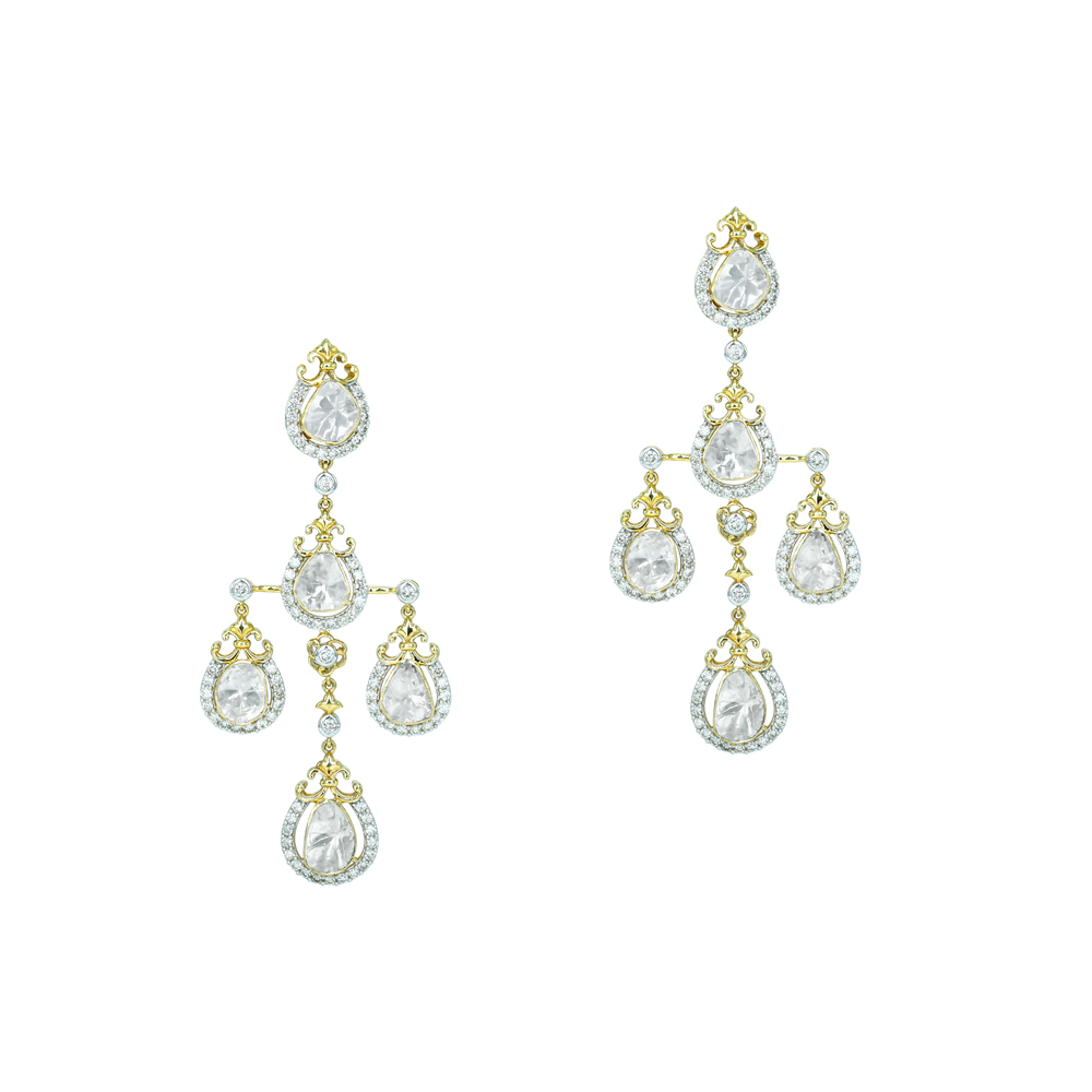 Cascading Polki Diamond Earrings with Delicate Halo Design